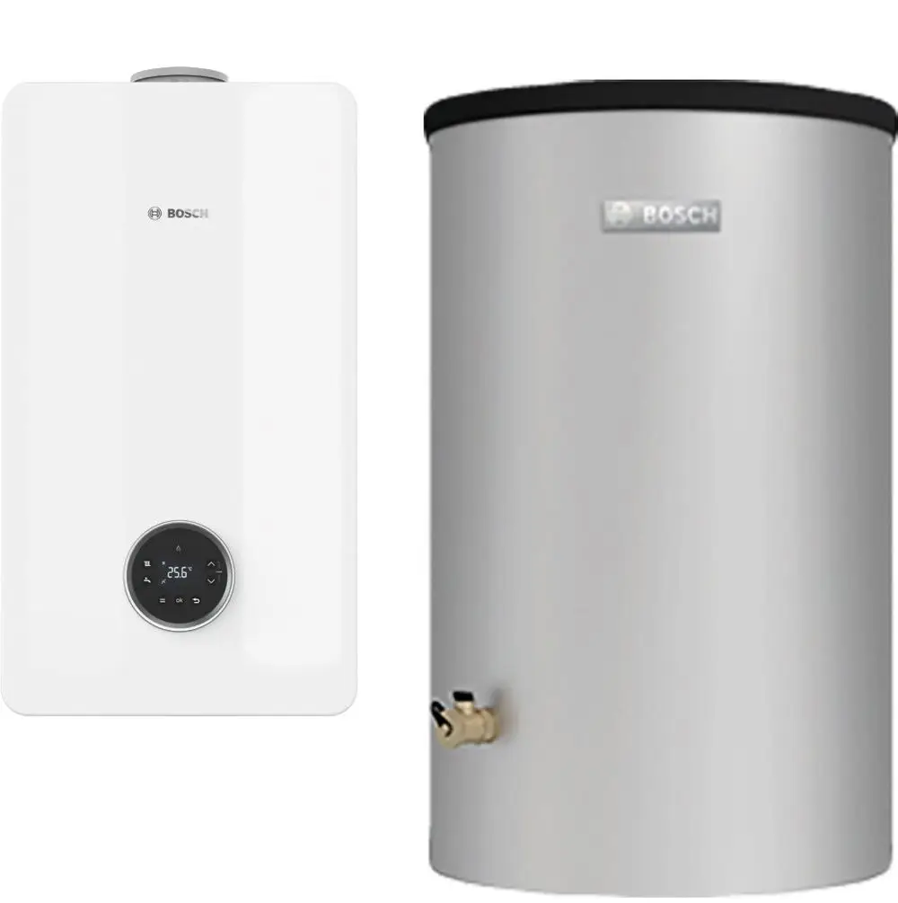 Bosch-Heizgerät in Weiß mit digitalem Display und verchromtem Wasseranschluss, daneben ein silberner Speicher mit runder Oberfläche und Anschluss.